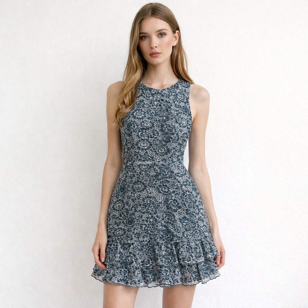 Altar'd State Lace Ruffle Fit Flare‎ Dress Gray Blue Women's Size S